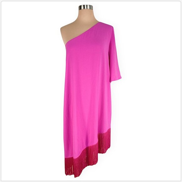 Trina Turk Bright Pink Gull Asymmetric One Shoulder Fringed Hem Dress NWT New M - Picture 3 of 6